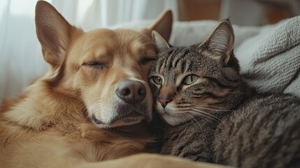 A portrait of a dog and cat together on a white background, showcasing the bond between pets. -