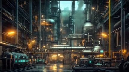 A high-tech industrial zone with green-glowing control panels and machinery.