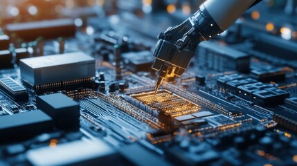 A high-tech robotic arm assembling electronic components on a production line.
