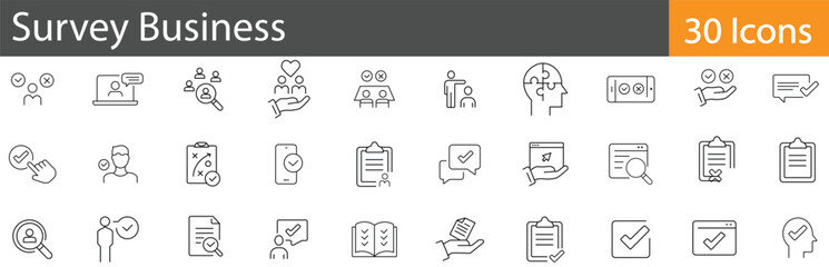 Survey and Market Research includes outline vector icons illustrating surveys, feedback, data analysis, customer reviews, and business research. Editable stroke vector illustration.
