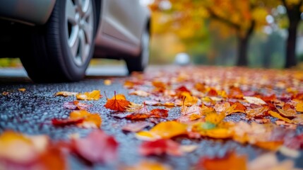 A car on a wet road surrounded by vibrant autumn leaves, creating a colorful seasonal atmosphere. The scene emphasizes the transition into fall and outdoor travel.. AI Generation