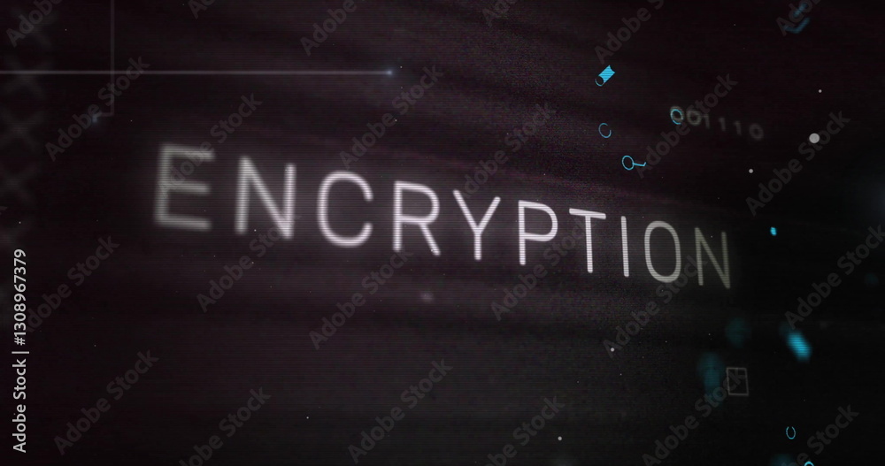 Poster image of encryption text and digital data processing over black background