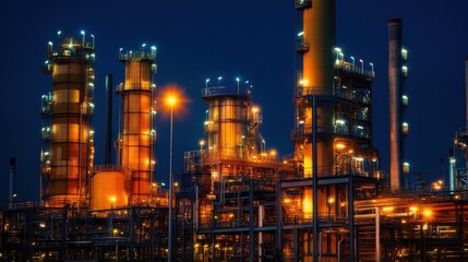 A high-tech yellow factory glowing under artificial lighting at night.