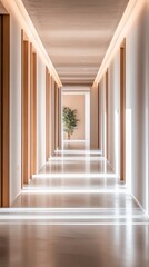 Obraz premium Modern, empty hotel hallway, light streaks, plant in the distance. Use Interior design