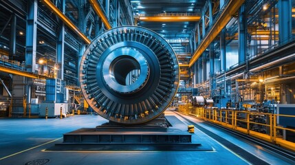 Obraz premium A large industrial flywheel spinning in a manufacturing facility.