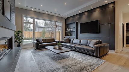 A modern living room with a sleek leather sofa, designed for comfort and sophistication.