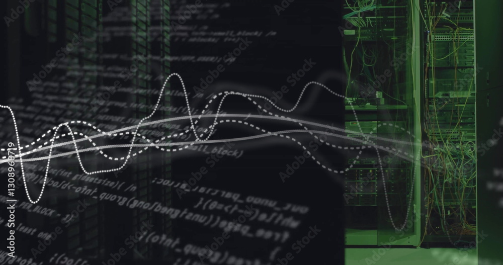 Poster image of data processing and diagrams over server room