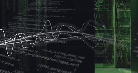 Image of data processing and diagrams over server room