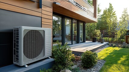 A modern air heat pump installed near a contemporary house, demonstrating energy-efficient solutions for home heating and cooling. --