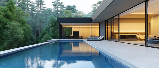Modern house poolside, forest view, luxury interior