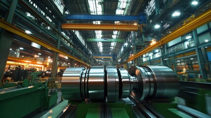 Fototapeta premium A massive green-painted industrial lathe processing steel components.