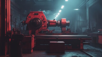 A massive red-painted industrial lathe processing steel components.