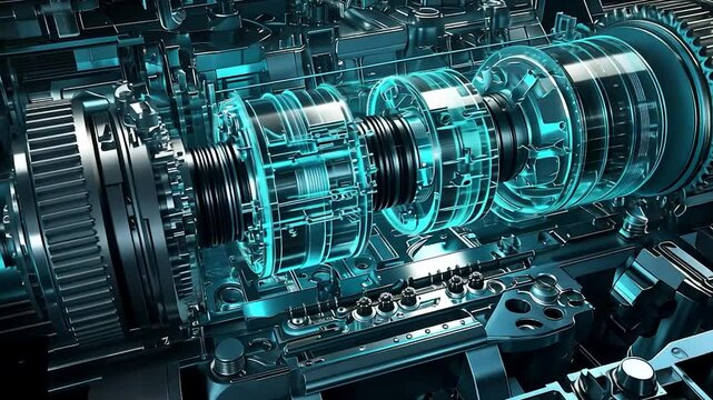3D rendering of a car's automatic transmission with cutaway view showcasing internal mechanisms.