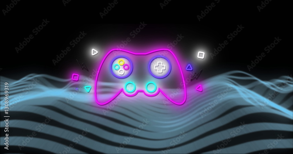 Poster image of image game pad over neon pattern background