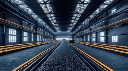 Obraz premium A modern black factory floor with conveyor belts transporting raw materials.