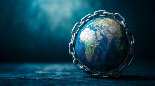 A detailed globe wrapped tightly in thick chains highlights themes of global constraint, environmental issues, and restricted movement. The dark background adds a somber, intense mood to the image