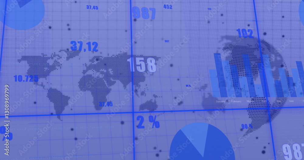 Poster image of financial data processing over world map and globe on white background