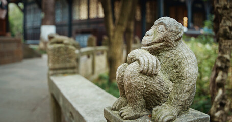 Chengdu, Sichuan, China. Old Stone Sculptures Of Monkey At Tomb Passage In Wuhou Memorial Temple. Traditional Chinese Architectural Ornament. Image Of Monkey In Chinese Culture Symbolizes Longevity