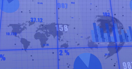 Image of financial data processing over world map and globe on white background