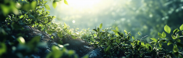 봄, 여름 아침에 해빛이 보이는 녹색 숲속 바닥이 보인다. A green forest floor is visible in the sunlight on spring and summer mornings.