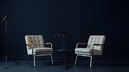 behind the scenes empty scene of two chairs and microphones stand in interview or podcast room isolated on dark navy background concept of silence after the hubbub intense preparation of the program