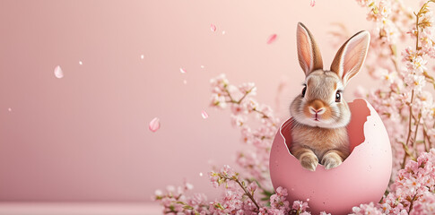 부활절 토끼 달걀 껍질속에 있다. 놈의 꽃이 뒤에 있다.The Easter bunny is in an eggshell. His flower is behind it.