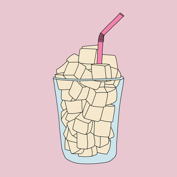 Isolated Icon of White Sugar Cubes on a Glass with Straw on a Pink background. Food and Drink Concept Illustration