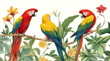 Tropical Parrots on Branch with Lush Flowers