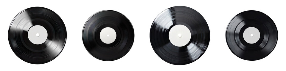 Obraz premium Collection of black Vinyl Records with White Labels isolated on transparent background
