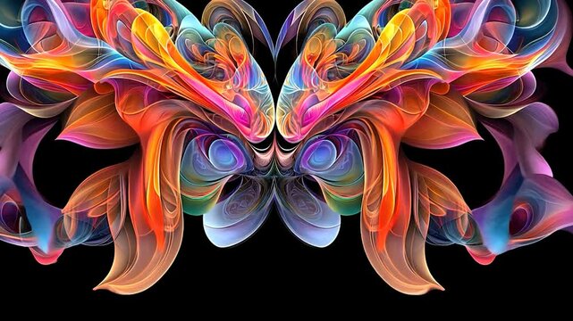 Vibrant abstract butterfly design with swirling, colorful, luminous shapes on a black background.