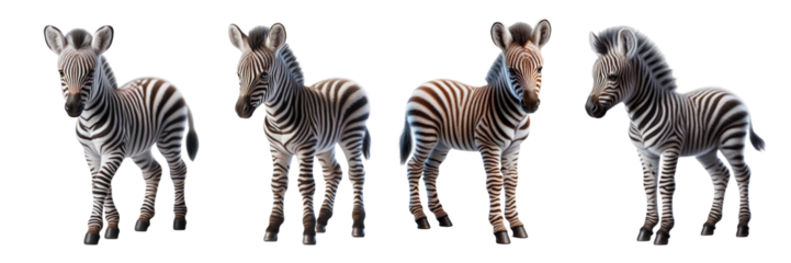Four lifelike toy zebras are positioned on a white backdrop, showcasing varied poses and patterns. Ideal for imaginative play, education, and wildlife appreciation