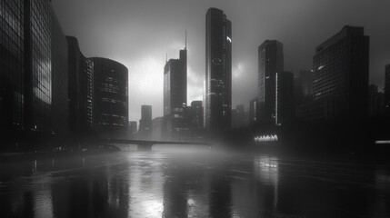 Obraz premium Urban cityscape at night, rainy, foggy weather, lights, reflection