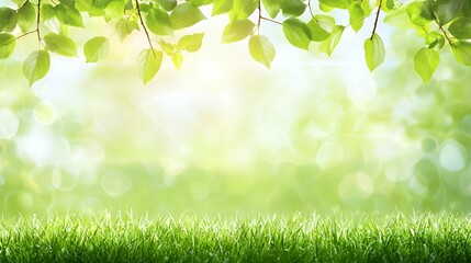 Vibrant Green Spring Landscape with Sunlight and Dewy Grass