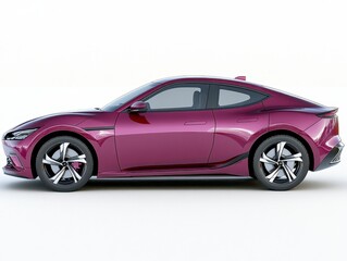 Naklejka premium Side Profile of a Sleek Purple Electric Coupe on White Background