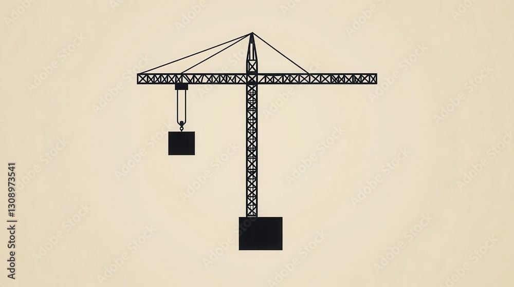 Poster minimalist construction logo featuring tower crane lifting a block in modern line art style on monoc
