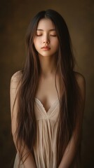 Fototapeta premium Serene Young Woman With Long Brown Hair