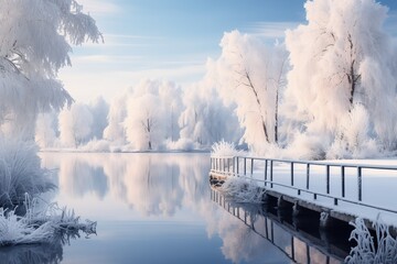 Beautiful city lake on a frosty morning