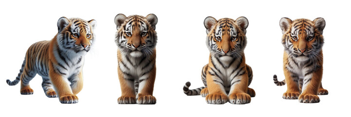 Four adorable tiger cubs are captured in various playful poses, showcasing their distinctive stripes and curious expressions in a bright setting