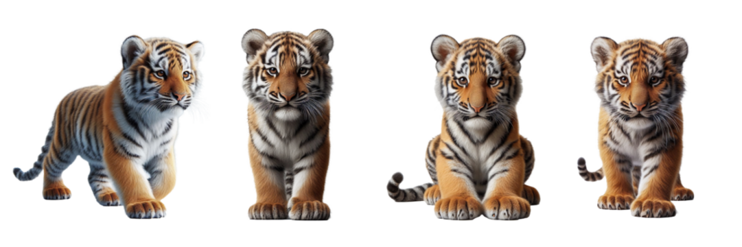 Four adorable tiger cubs are captured in various playful poses, showcasing their distinctive stripes and curious expressions in a bright setting