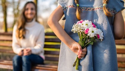 little girl standing in front of her mother and hiding bouquet of flowers behind her back