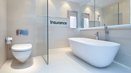 Modern bathroom design featuring a sleek glass mirror with the word Insurance elegantly displayed, emphasizing clarity and contemporary style