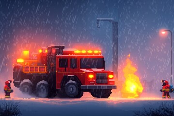 A pixel art scene of first responders in action, with animated flames, flashing lights, and small pixelated characters working heroically to save lives