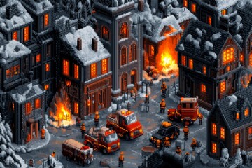 A pixel art scene of first responders in action, with animated flames, flashing lights, and small pixelated characters working heroically to save lives