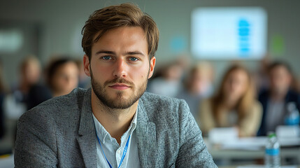 Naklejka premium Young professional engaged in a conference setting with attendees in the background, focusing on discussions and presentations. Generative AI