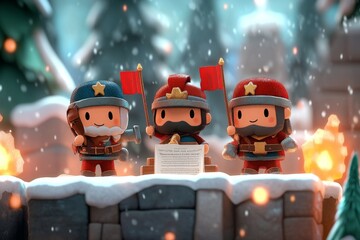 A pixel art version of a Constitution celebration, with tiny animated characters holding flags and a pixelated Constitution displayed on a pedestal