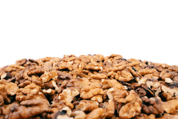 Walnut kernels isolated on white background. Walnuts close-up. Healthy eating. Half of walnut isolated. Peeled walnut on white.