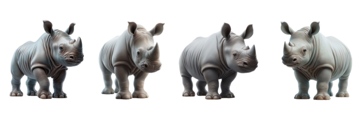 Various sculpted rhinoceros figures displayed in a bright studio setting highlight the artistry of their design. Each figure captures unique poses and expressive forms, showcasing craftsmanship