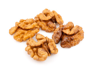 Walnut kernels isolated on white background. Walnuts close-up. Healthy eating. Half of walnut isolated. Peeled walnut on white.