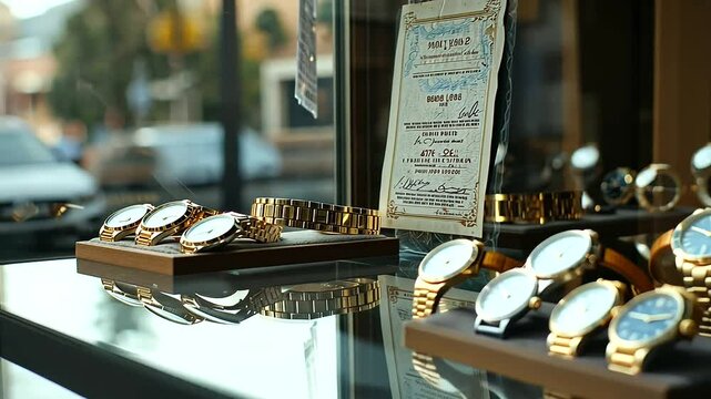 Pawnbroker Window Display with Gold Jewelry and Stock Certificate