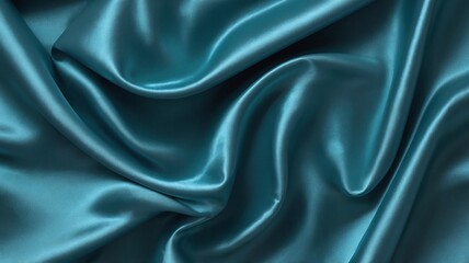 A sapphire teal metallic satin. 16:9 Ratio in 8K. Shiny smooth fabric. Soft folds. Luxury background with space for design. Web banner. Flat lay, top view table. Elegant, fashion, modern decor.